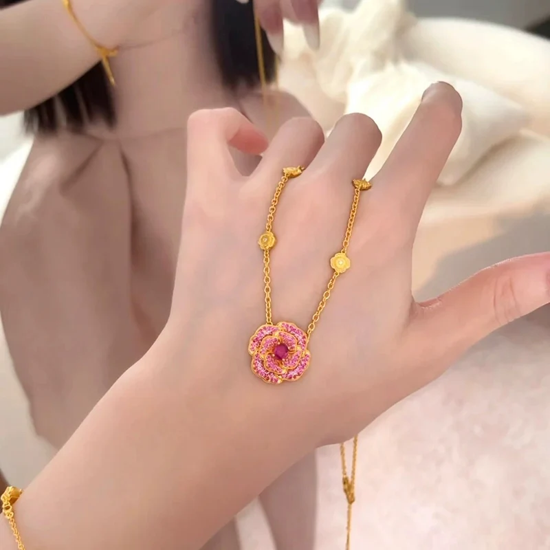 New Red Peony Necklace with Gold Electroplating Luxurious and High-end Red Corundum Rose Necklaces for Women Chic Gift KOFSAC