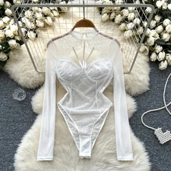 Sexy Hollow Out Lace Long Sleeve Fashion One Piece Gothic Hotsweet Women Spring Autumn Basic Slim Streetwear Jumpsuit
