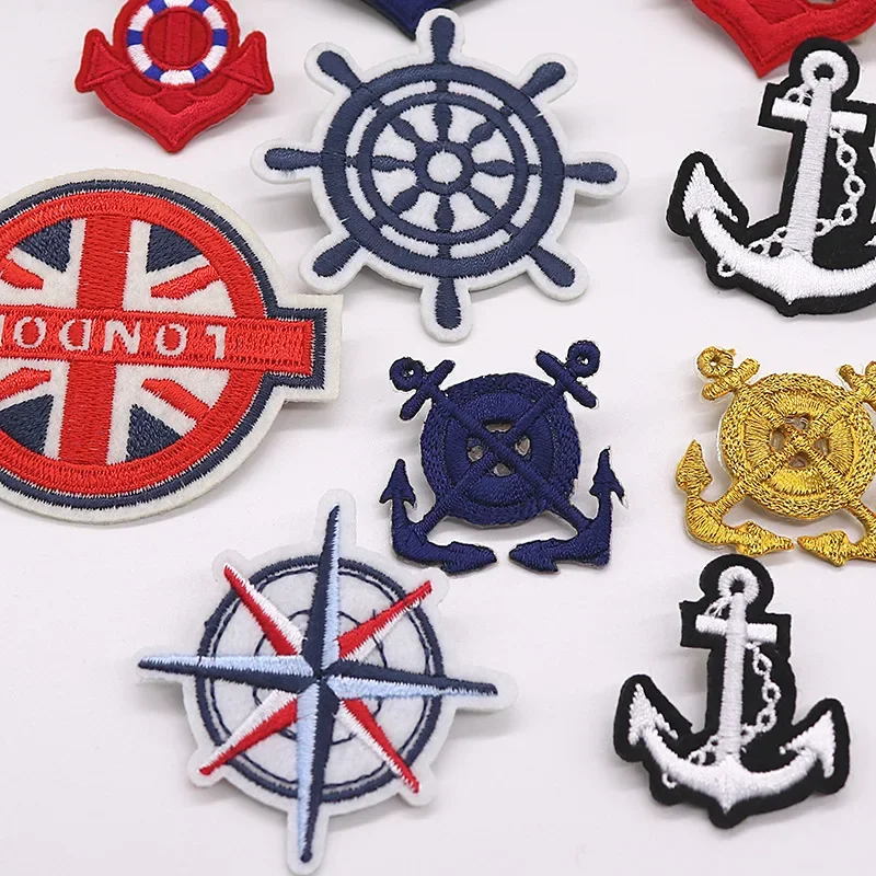 50pcs/Lot Luxury Embroidery Patch Sailor Gold Anchor Compass White Black Red Clothing Decoration Accessory Craft Diy Applique