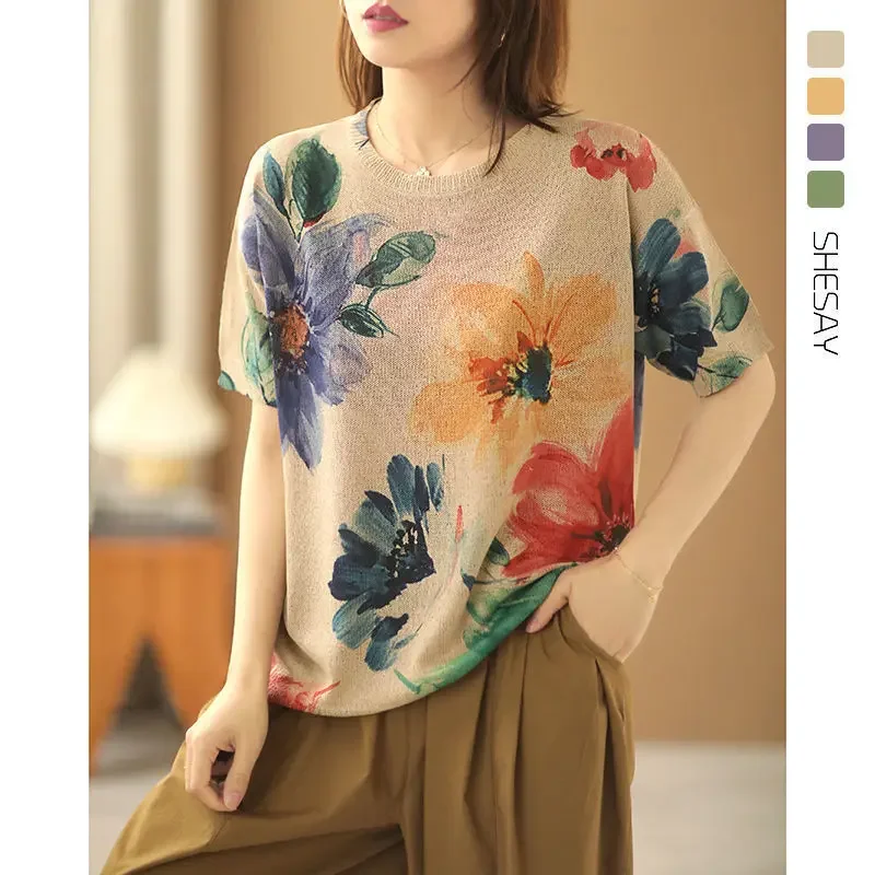 Harajuku Retro Women Summer Fashion Fall Clothes Vintage Floral Print Round Neck Short-sleeve Knit Sweaters Lady Loose Pullovers