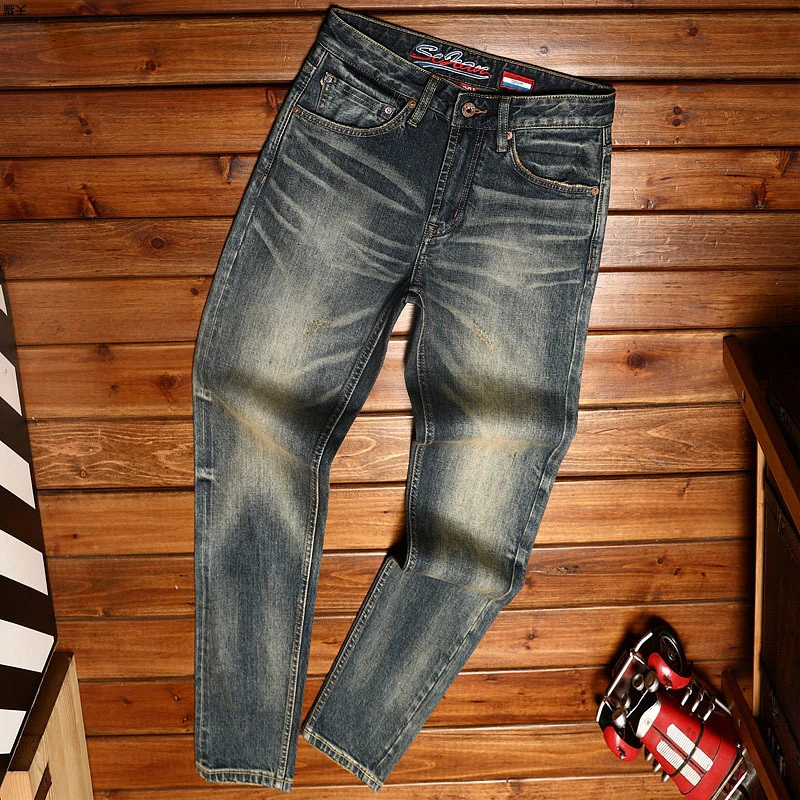 High Quality Red Ear Denim Jeans Men's Classic Nostalgic Slim Straight Retro Color Stretch Youth Men's Casual Long Pants