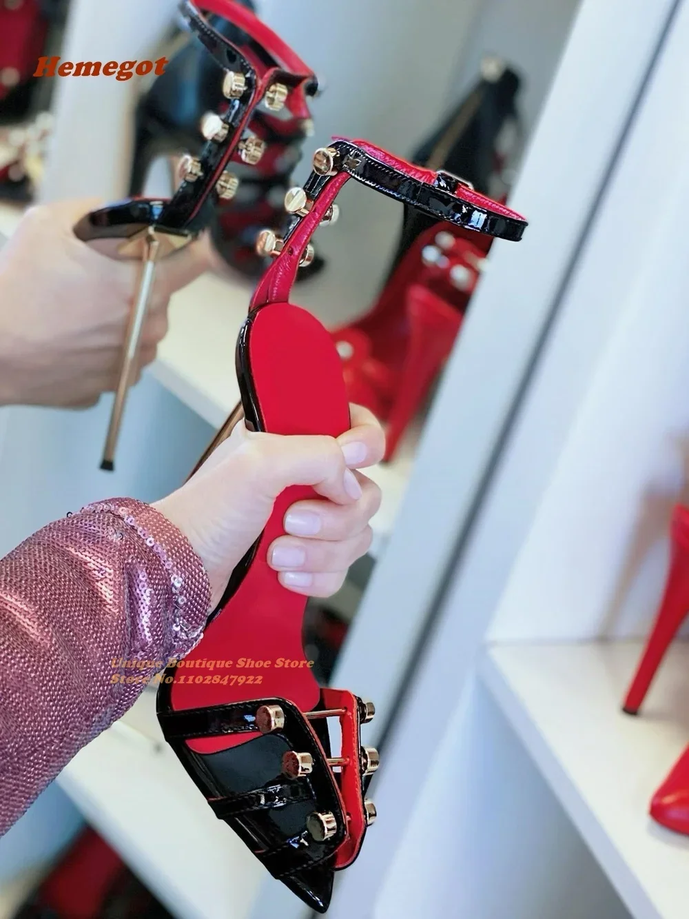 

Multi Metal Decoration Sandals High Heels Pointy Toe Ankle Strap Black Patent Leather Runway Party Shoes Sexy Elegant Summer