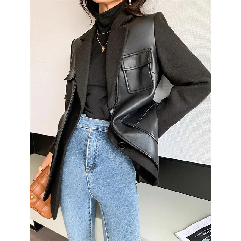 Leather Suit Jacket Women\'s 2024 Spring Autumn New Motorcycle Blazer Outwear Fashion Locomotive Pocket Leather Jacket Female