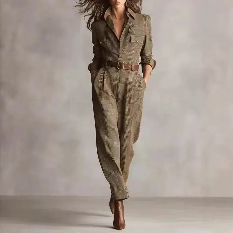 بدلة قفز نسائية كلاسيكية كلاسيكية منقوشة لخريف 2025 بدلة قفز عصرية غير رسمية بأكمام طويلة ملابس نسائية للمكتب