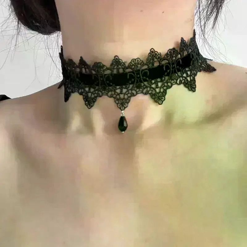 New Sexy Lace Flower Necklace For Women Gothic Punk Velvet Collar Choker Black Waterdrop Pendent Necklace Strap Bow Jewelry