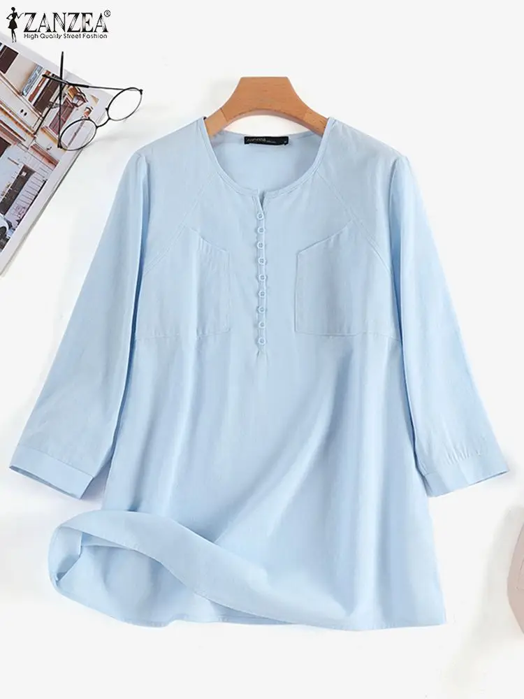 ZANZEA Women Autumn 3/4 Sleeve Blouse Vintage Shirt Casual O Neck Work Tops Tunic Femme Stylish Holiday Blusas Loose Chemise