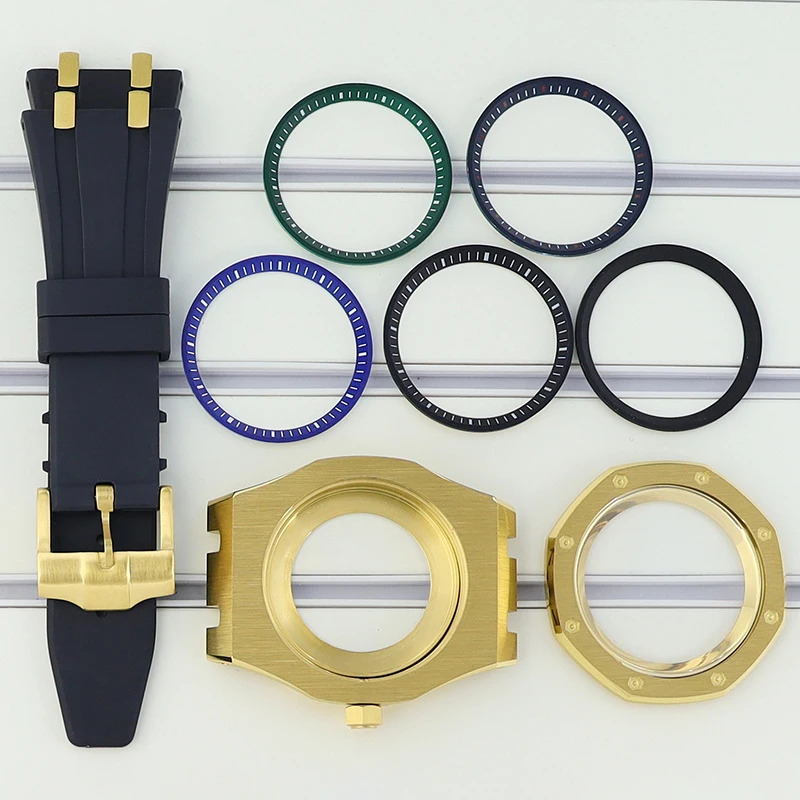 

41mm Gold Watch Cases Rubber Bracelets Sapphire For Seiko nh35 nh34 nh36 nh38 Movement 28.5mm Dial With Chapter Ring Waterproof