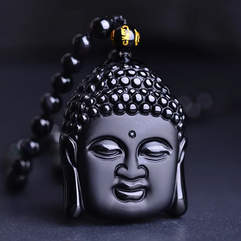 Natural Obsidian Sakyamuni Buddha Head Pendant Buddha Statue Necklace Buddha Head Men's and Women's