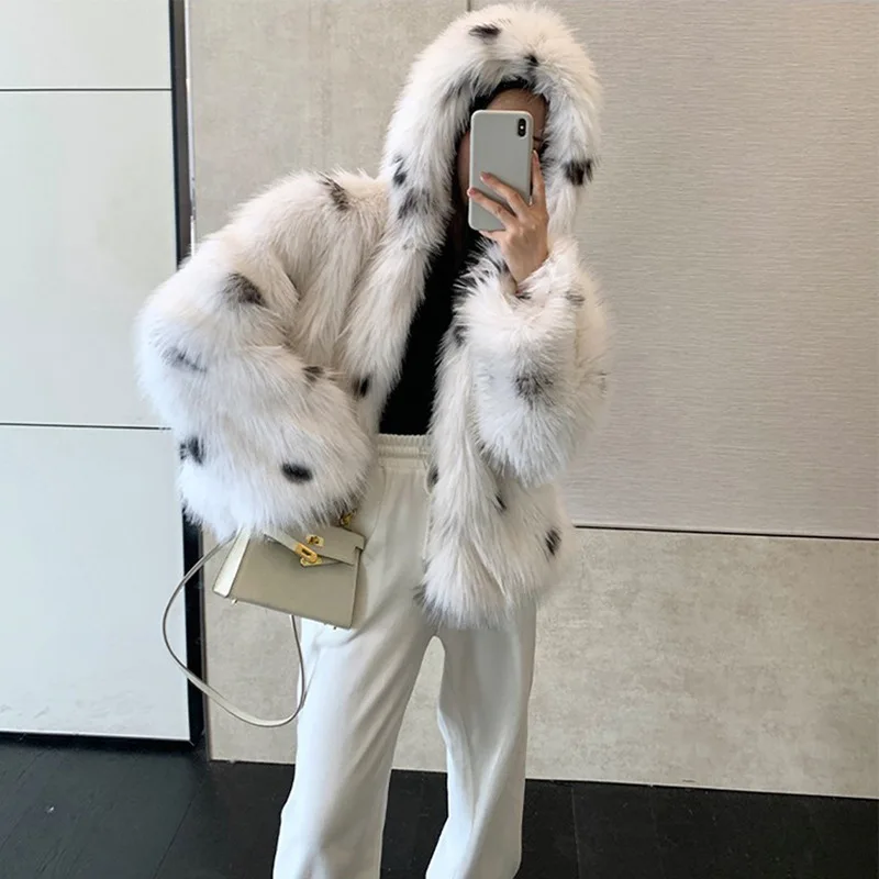 

Women Warm Faux Fur Coat Print Hoodies Loose Cardigan Jackets Furry Outerwear Thick Jackets Hooded Coats Autumn Winter