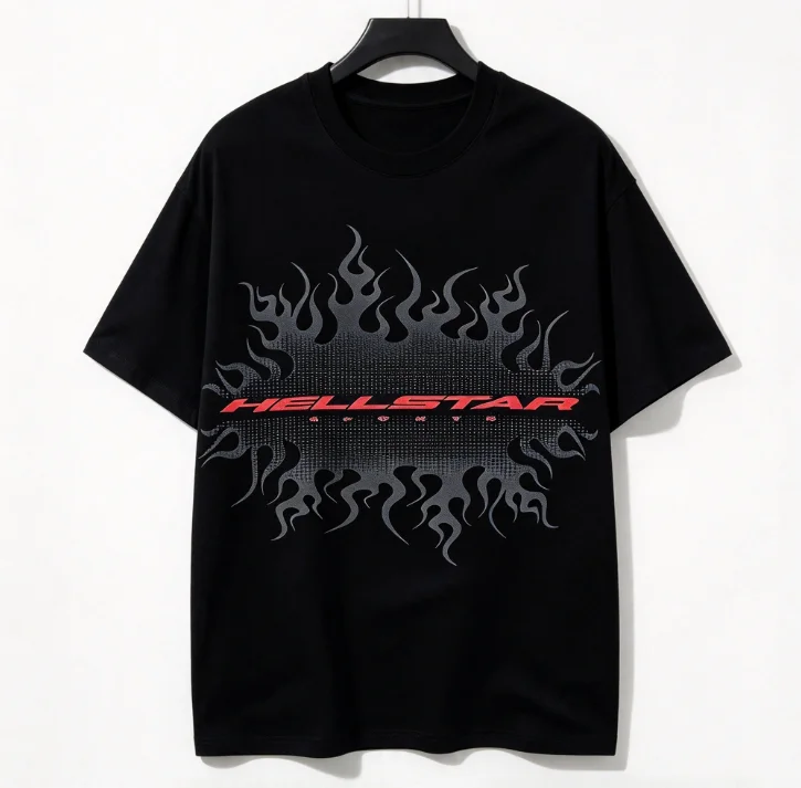 2026 new Black Gradient Flame Graphic T Shirt Unisex Light Grey Short Sleeve Tee Streetwear Casual Loose Daily Top