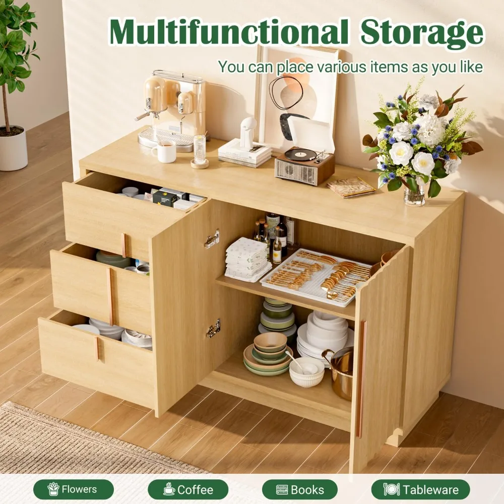 溝付きビュッフェサイドボードキャビネット（収納付き）、55インチモダンなクレデンザ収納キャビネット（3つの引き出し、2つのドア、調節可能な棚付き）