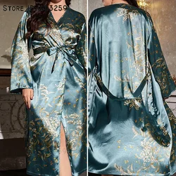 Large Size 3XL-5XL Female Long Robe Print Cherry Kimono Dressing Gown Rayon Bathrobe Nightgown Casual Home Clothes Loungewear