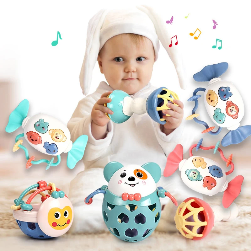 Babys pielzeug 0 12 Monate rotierende Rassel kugel Hand glocke Silikon Beißring Säuglings aktivität greifen sensorische Bälle Baby Entwicklungs spielzeug