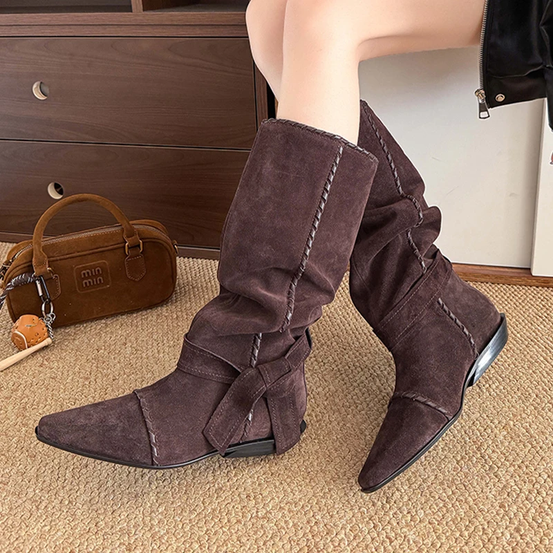 

High Boots for Women Pointed Toe Flats Designer Shoes Fashion Suede 2025 Knee High Chelsea Boots New Dress Brand Mujer Botas
