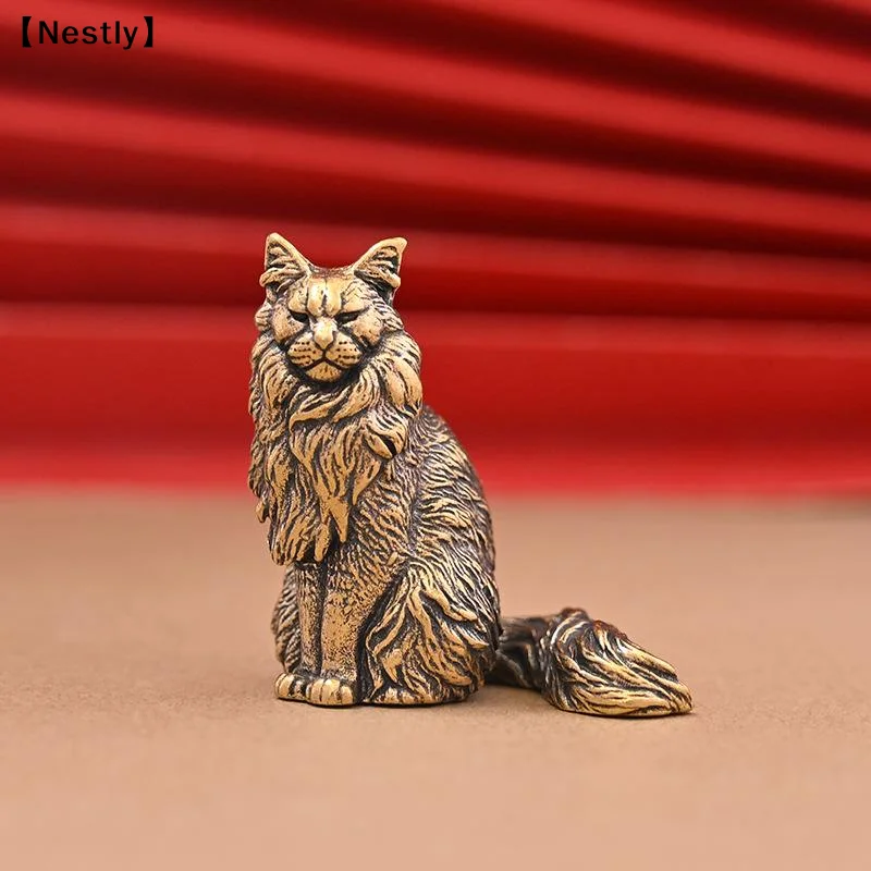 Maine Coon Miniatures Figurines Brass Animal Cat Small Statue Desktop Ornaments Vintage Home Decorations Crafts Access〔Nest〕