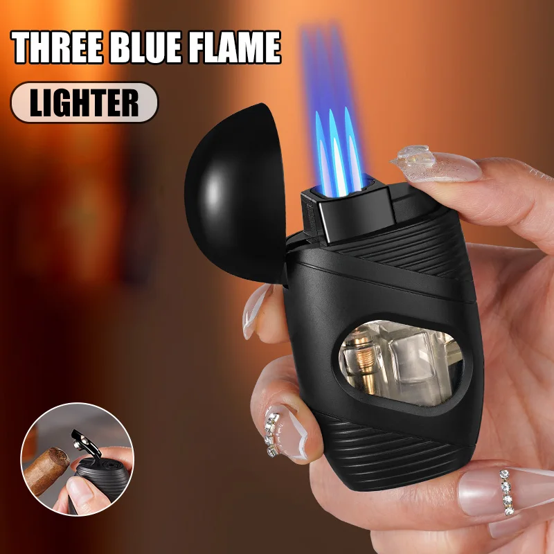 

Three Blue Flame Cigar Lighter Folding Cigar Cutter Design Visual Gas Window Adjustable Flame Size Cigar Lighting Tools