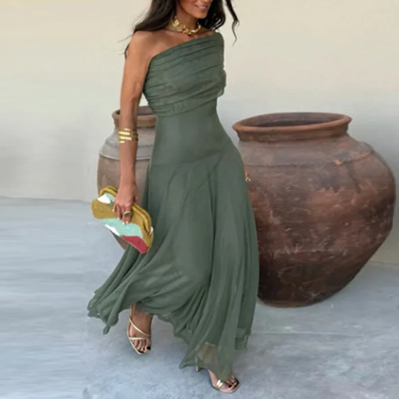 Elegant Off Shoulder Splicing Mesh Party Dresses Woman Sexy Strapless Solid Pleated Long Dress Summer Backless Hollow Boho Dress