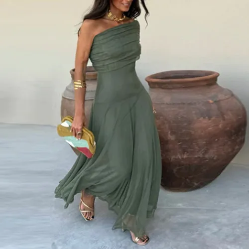 Imagen 2 del producto Vestidos de fiesta de malla con hombros descubiertos para mujer, vestido largo plisado liso sexi sin tirantes, vestido bohemio hueco con espalda descubierta para verano