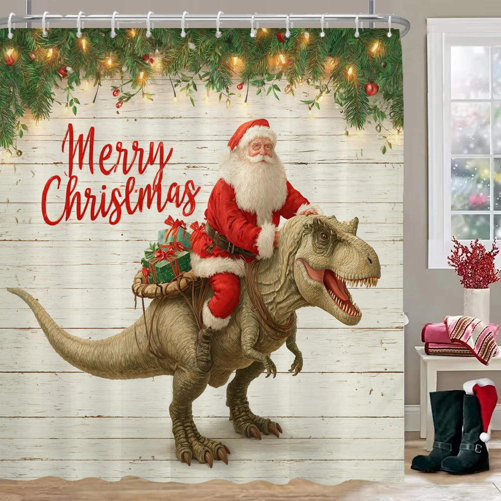 

Merry Christmas Shower Curtain with Hooks Funny and creative cat, dog and dinosaur Christmas home for decoration Curtain