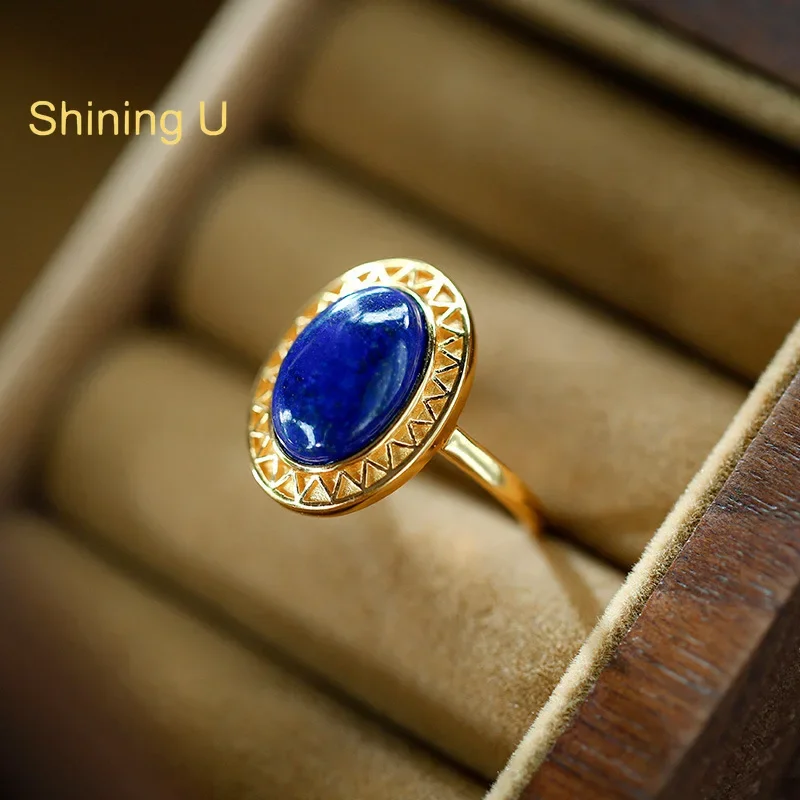 Shining U Vintage S925 Sivler Oval Lapis Lazuli Open Ring for Women Gold Plated Fine Jewelry Gift