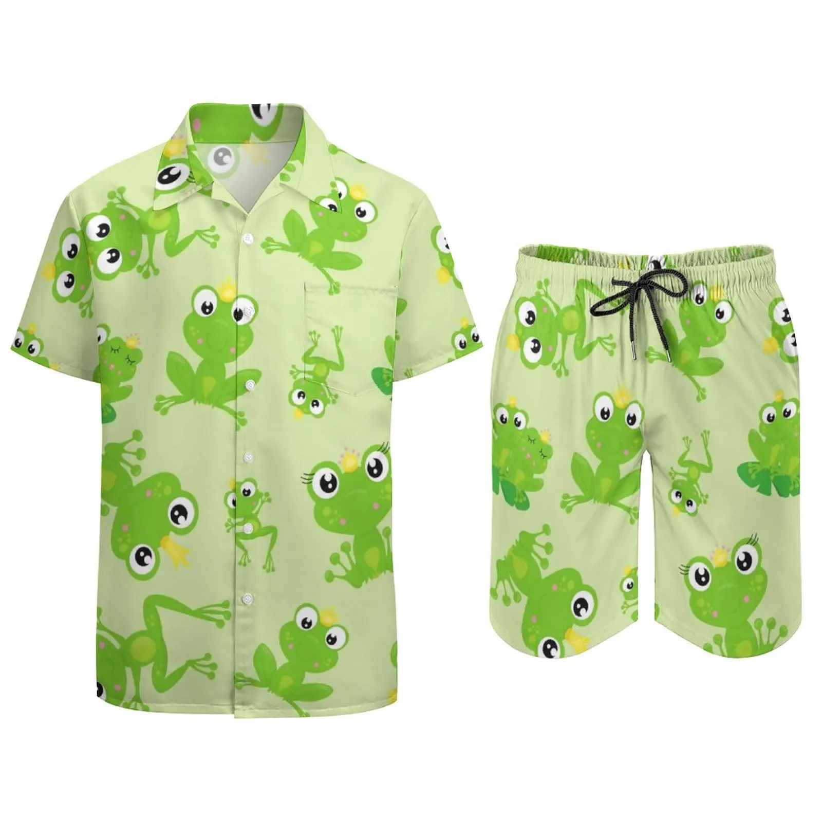 Frog Prince Beachwear Men Sets Cute Animal Print Casual Shirt Set Summer Shorts 2 Piece Retro Suit Plus Size