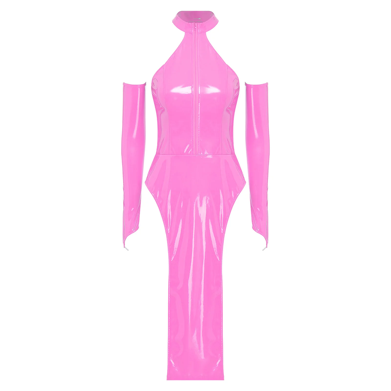 Womens Wet Look Patent Leather Dress with Removable Sleeves Halter Sleeveless Bodycon Dress Tempting Knee-length Dress Club Wear