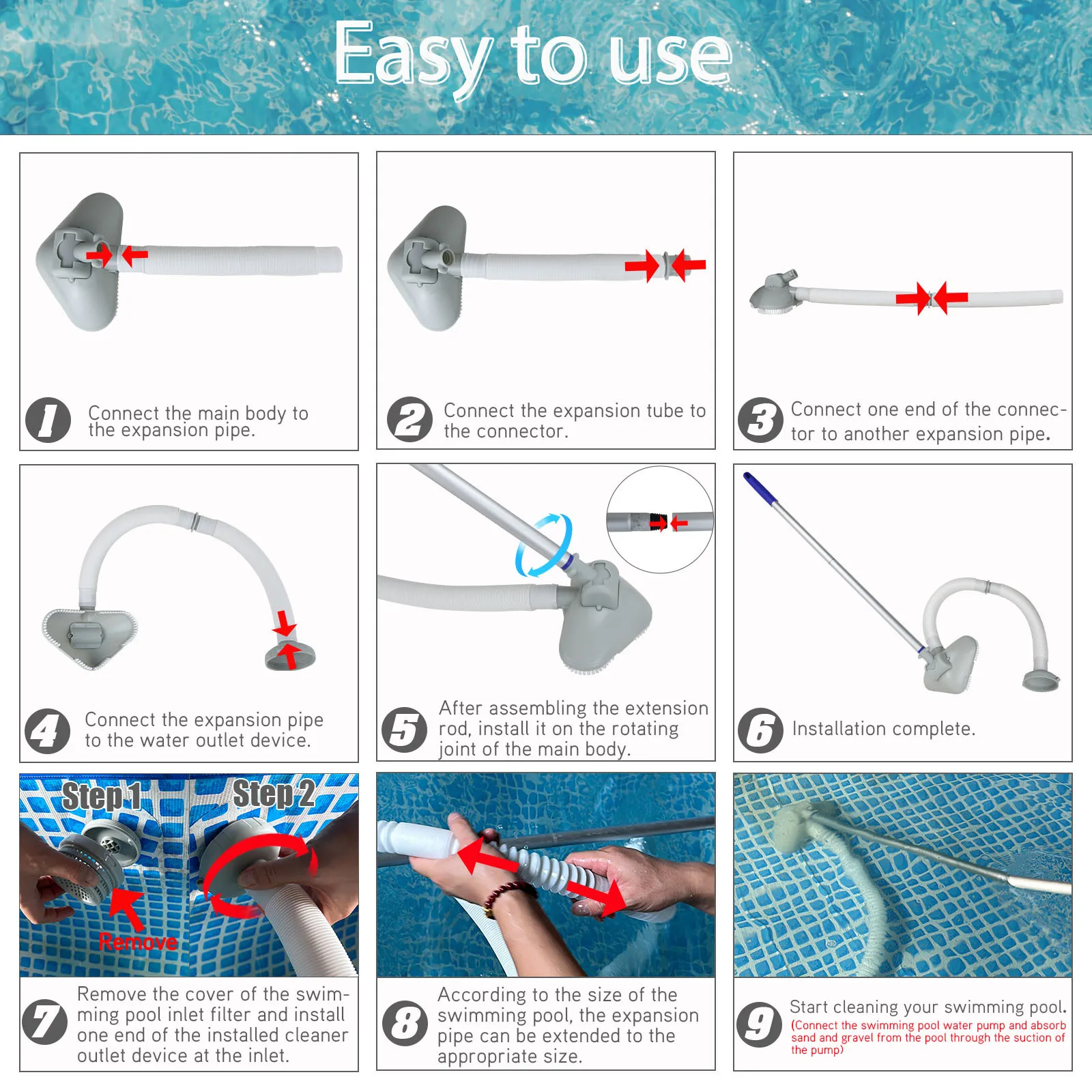 Automatic Pool Vacuum Cleaner Designed for Inflatable Pools Includes 3.25 Meter Adjustable Pole and Scrubbing Brush Head