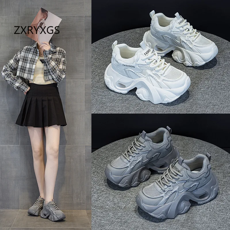 ZXRYXGS Genuine Leather Mesh Breathable Sneakers Trendy Shoes 2026 Summer Autumn Women Leisure Sneakers Platform Elevator Shoes