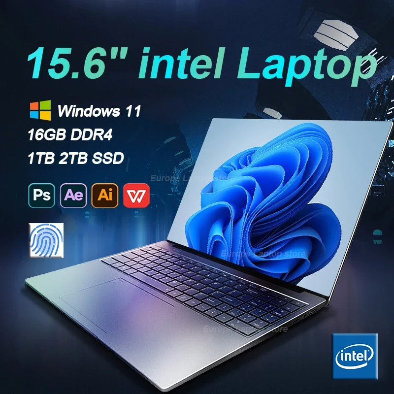 Computer portatili da 15.6 pollici Notebook con sblocco delle impronte digitali per ufficio 16GB 1TB Windows 11 Computer portatili da gioco Computer Intel Celeron N4000 Notebook PC
