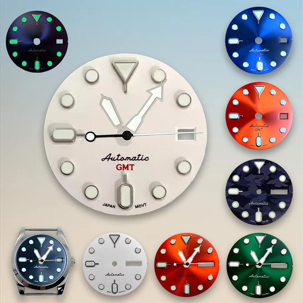Image of Hochwertiges Dual-Kalender-Zifferblatt, 28,5 mm, S5-Zifferblatt, SKX007-Zifferblatt, passend für NH36/4R36-Uhrwerk, grün leuchtende Uhrenmontageteile