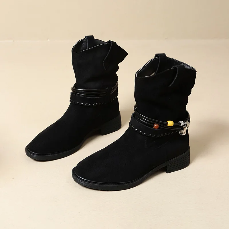 

Retro Fashion Versatile Western Cowboy Boots for Women2025New Autumn and Winter Style Elegant High-End Pleated Slouch Boots