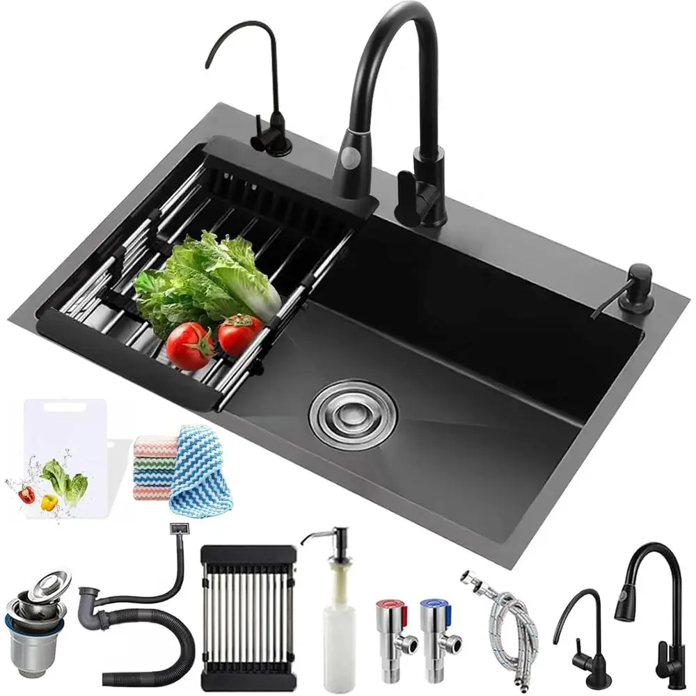 

Black Kitchen Sink, StainlSteel Single Bowl Sink, Embedded/Top Mounted Workbench Sinks With Sliding Accories, Workbench Sink Wit