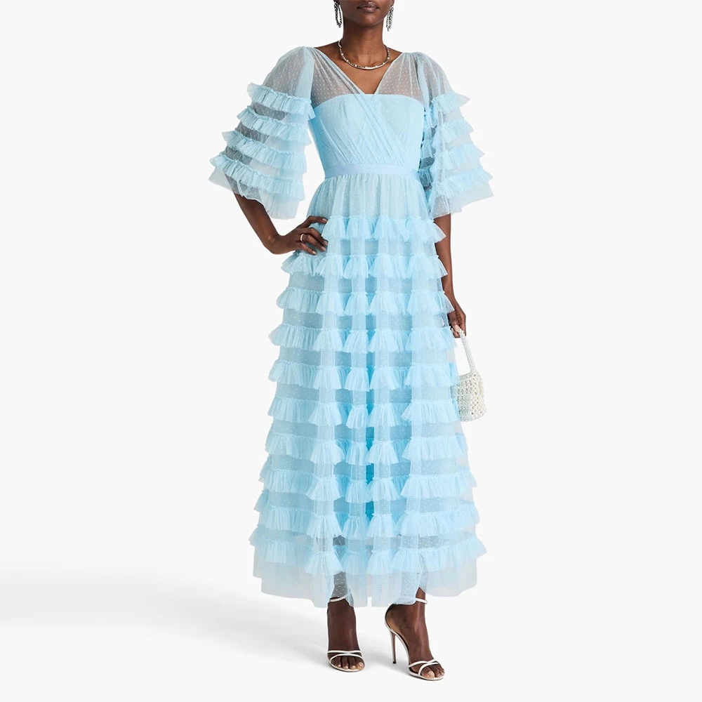 

Современное женское вечернее платье трапециевидной формы длиной до щиколотки, торжественное свадебное платье с v-образным вырезом, Саудовское платье с половиной рукавов и оборками, платье для выпускного вечера