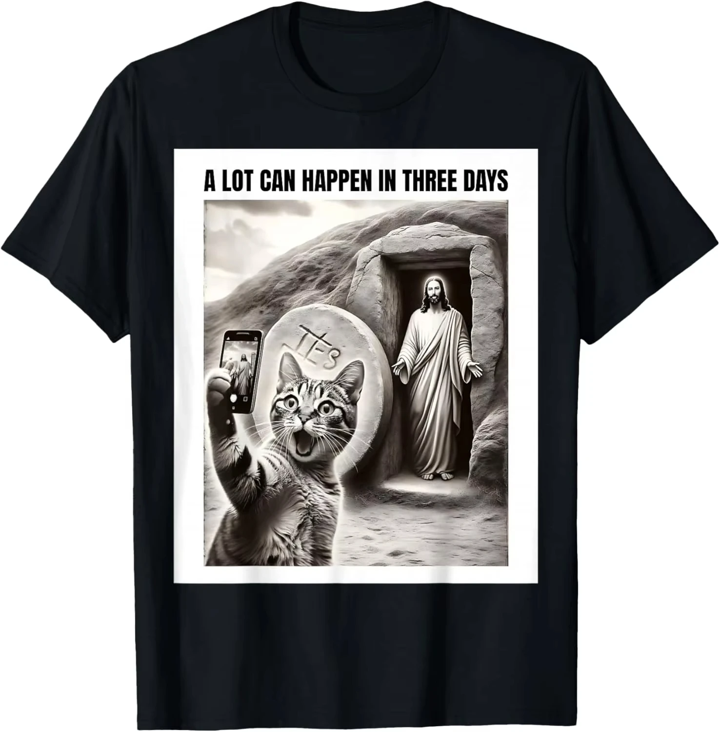 2026 SUMMER New Funny Easter Jesus Resurrection Cat Selfie Meme Graphic Tee Casual Round Neck Cotton T-Shirt