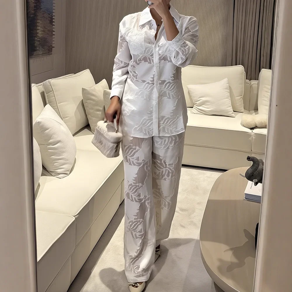 

Отложный воротник, пуговицы, передний карман, комплект из 2-х предметов, жаккардовый топ с цветочным декором, повседневный комплект брюк с эластичной резинкой на спине и подкладкой