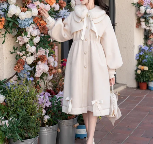 المرأة الخريف الشتاء جديد كلية بيتر بان طوق كم طويل Jk معطف الصوف موضة الحد من العمر معاطف فضفاضة اليابانية الحلو