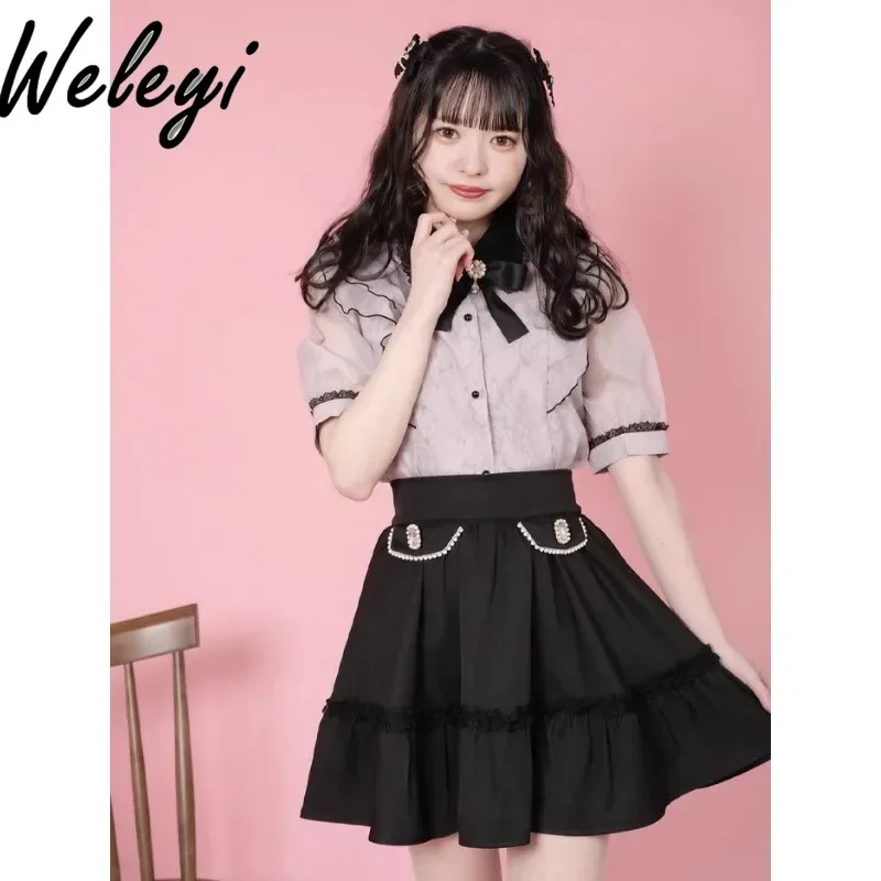 

Sweet Wear Bloggers Same Style Lace Shirt Japanese Women's Clothing 2024 Summer New Versatile Pink Black Bow Short Sleeve Shirts