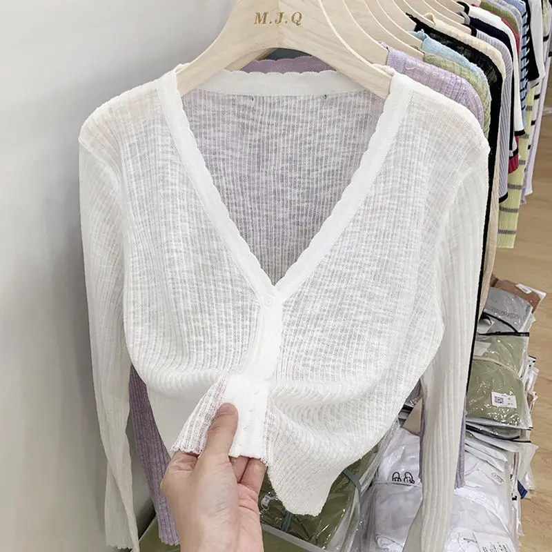 

Korean Long Sleeve Cardigan Summer Tops V Neck Thin Knitted Sunscreen Shirt Sweater Mujer Cardigan Shirts Women Tops L99