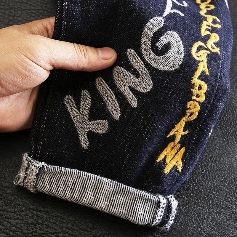 2023 Spring and Autumn New Fashion Printed Embroidery Elastic Small Foot Pants Men Casual Slim Comfortable High Quality Jeans