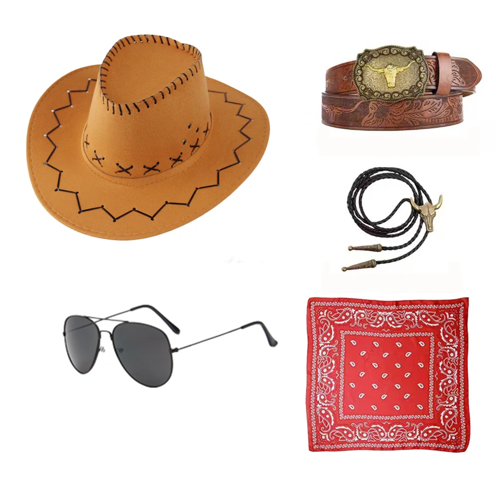 

PESENAR Western cowboy costume Accessories Set Cowboy hat Handkerchief pin denim kit Halloween party dress up