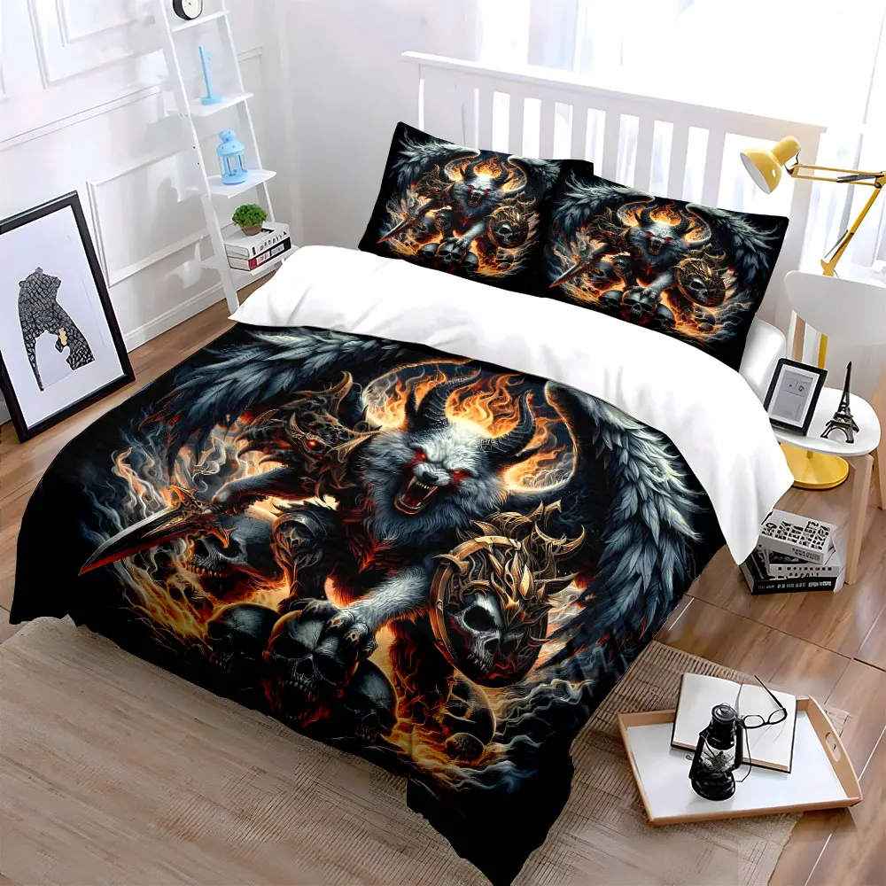 Flaming Demon-Wolf Warrior Bedding Set for Kids Luxury Gift 3pcs Digital Print Comforter Set Soft Comfortable Breathable