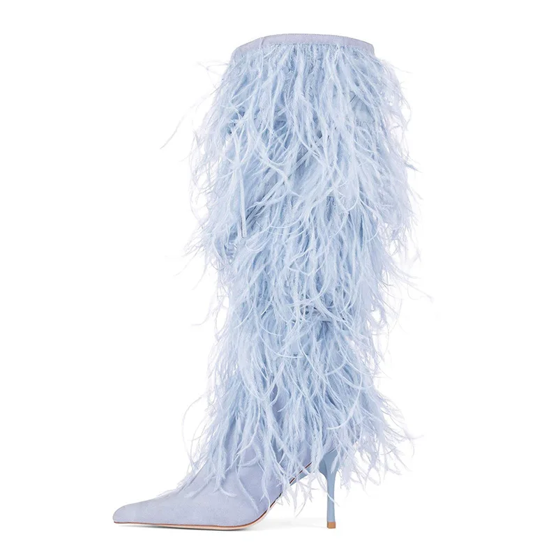 

Winter Woman Fashion Knee High Boots High Heels Pointed Fur Long Stilettos Ostrich Feather Catwalk Party Shoes Women