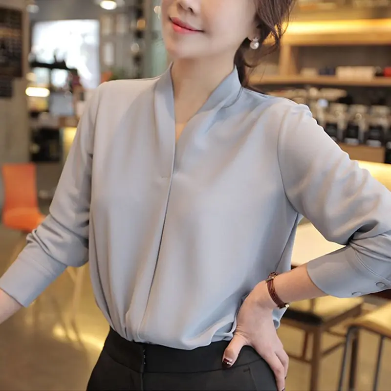 2024 Autumn Long Sleeve White Shirt Women Korean Style V-neck Loose Tops Summer Office Lady Solid Chiffon Blouse Female 9382