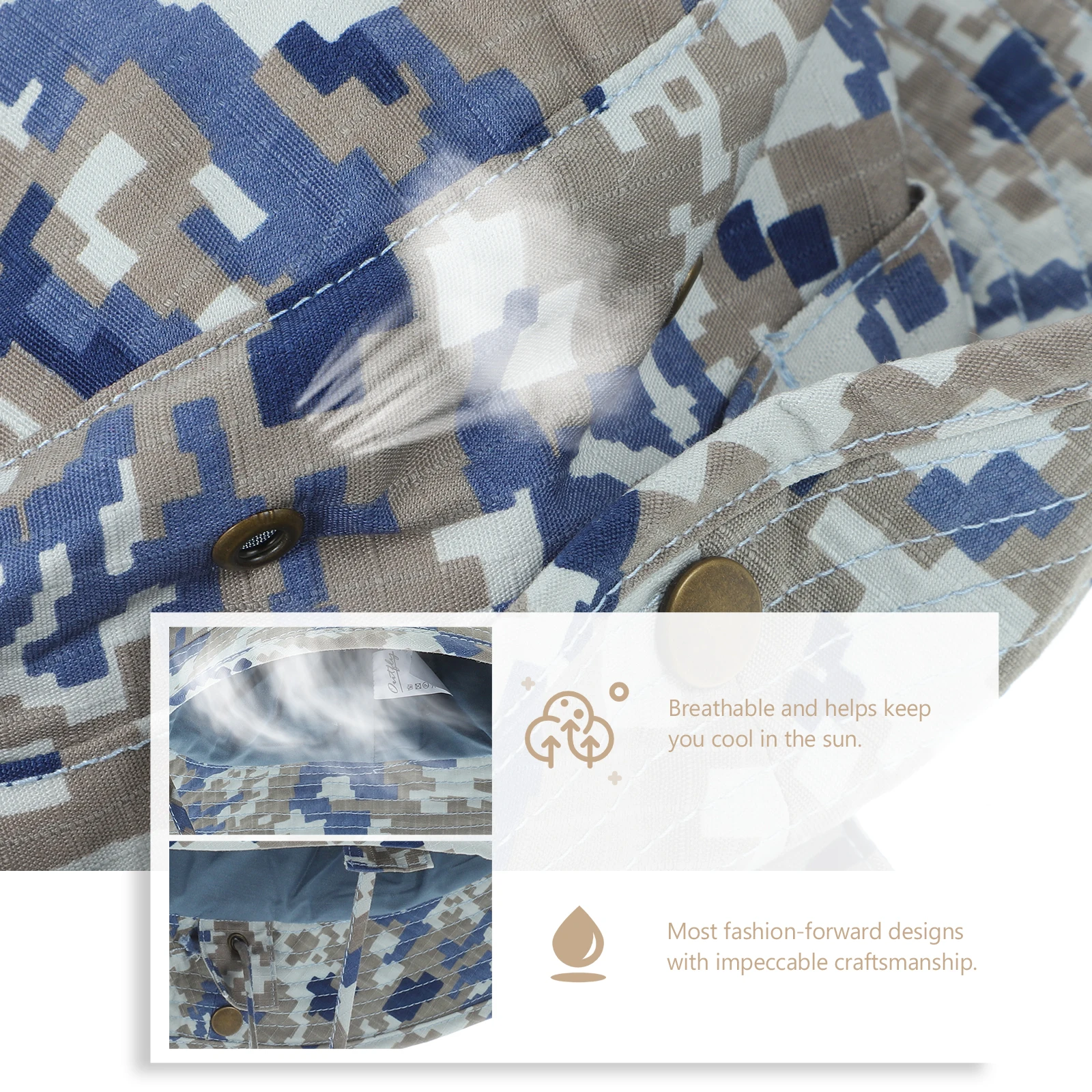 

Camouflage Bucket Hat Blue Black Durable Canvas Outdoor Bucket Cap Adjustable Chin Strap Sun Protection Breathable