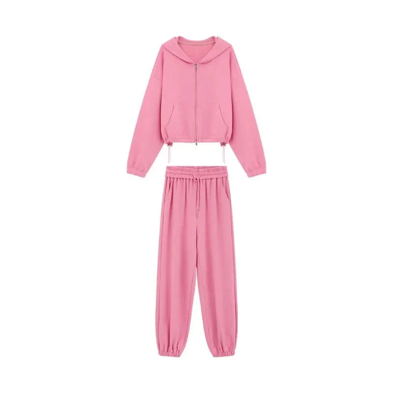 Conjunto con capucha deportiva rosa para mujer, Top corto holgado con hombros caídos y pantalones de chándal relajados, ropa de descanso pequeña y