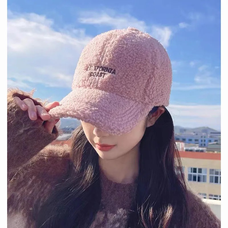 Private Custom Winter Outdoor Warm Thickened Baseball Cap Rabbit Hair Baseball Cap Lamb Wool Adjustable Sun Hat for Women Kid