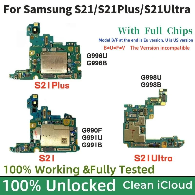 Unlocked For Samsung Galaxy S21 Ultra G998B G998U S21-G990F G991B/U S21 Plus G996B G996U Motherboard Full Chips EU USA Version