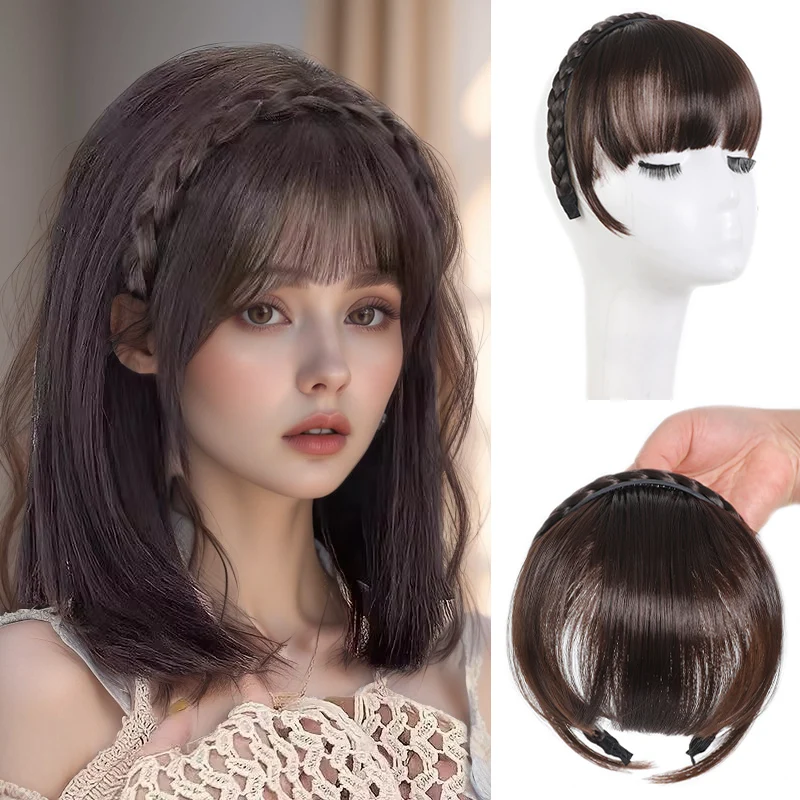 Elegant women's headband bangs wig sideburns straight hair braided headband synthetic wig for daily wig accessories