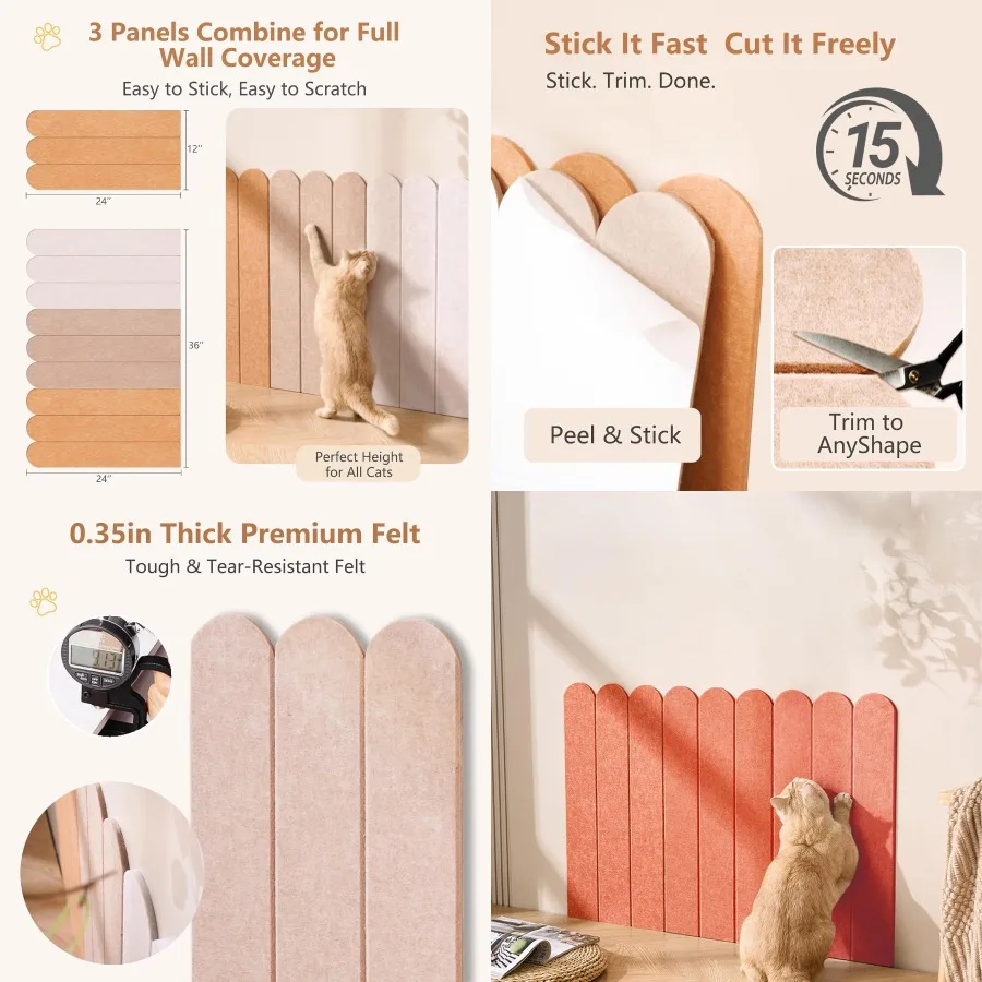 

35-дюймовая фетровая настенная когтеточка для кошек с самоклеящейся подложкой для домашних кошек, упаковка из 3 предметов с любым вырезом, комбинированный дизайн в Oran