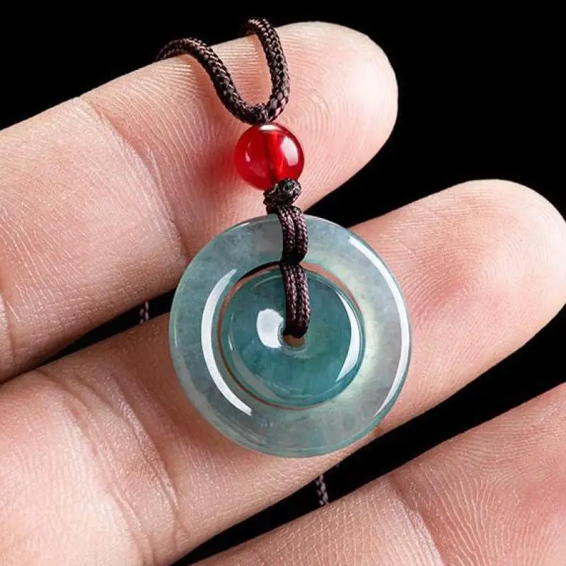 Genuine Myanmar Jadeite Grade A Burma Blue Water Jade Round Donuts Pendant Necklace Men Women Lucky Charms Amulet Sweater Chain